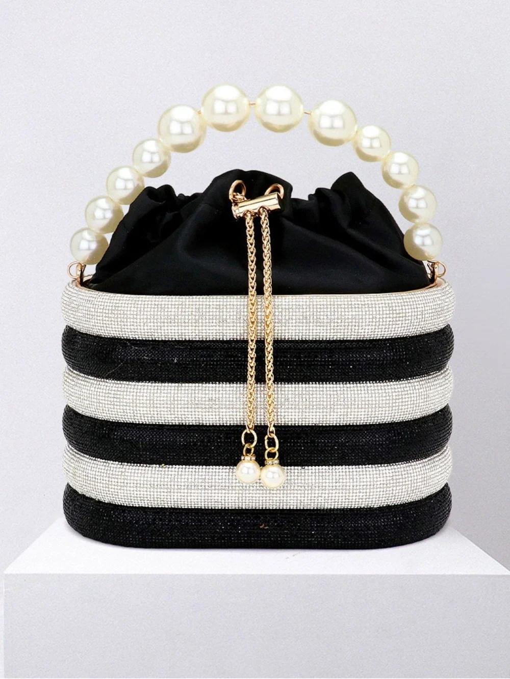 Elegant Black & White Pearl-Handle Women's Bag